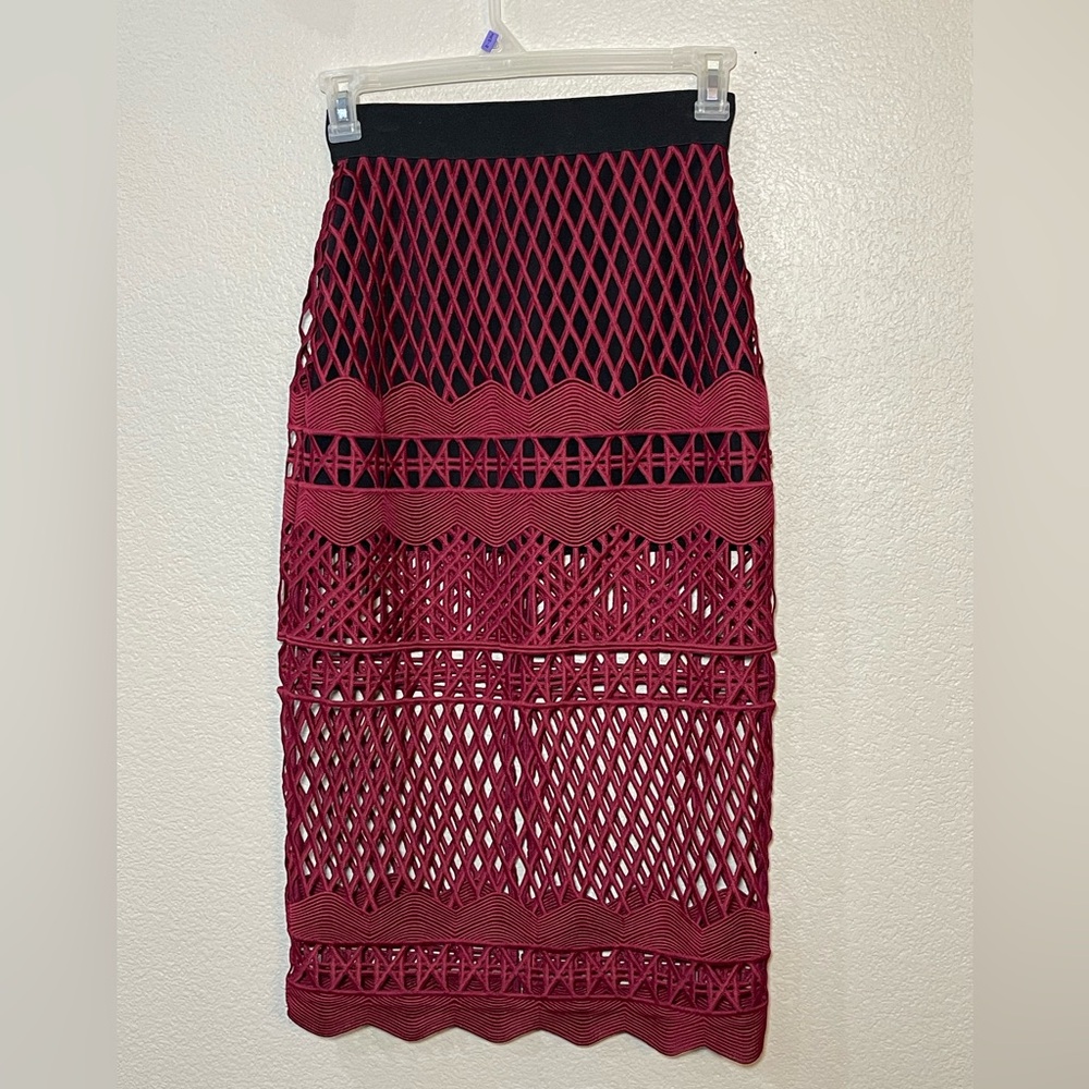 Self-portrait lace cut out pencil skirt burgundy and black size 6